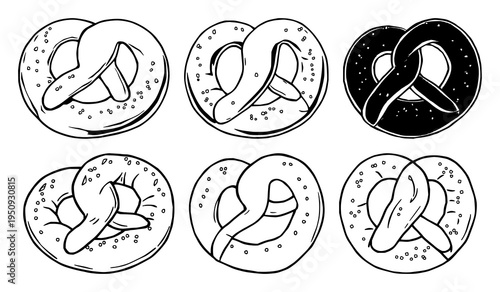 Pretzel set with flat 2D vector illustration featuring soft pretzel, salt crystals, bakery theme with bold black outlines and isolated white