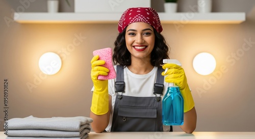 Happy young woman in bandana and gloves ready for cleaning