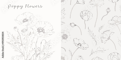 Delicate floral pattern featuring sketched poppy flowers and leafy stems