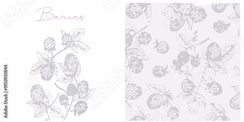 Floral pattern featuring berries and leaves in grayscale tones