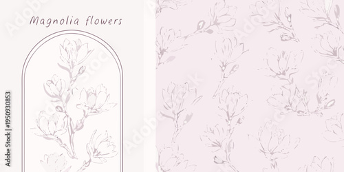Delicate magnolia flowers and branches in a pastel pink pattern