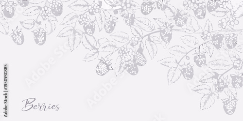 Delicate hand drawn illustration of ripe blackberries and leafy branches