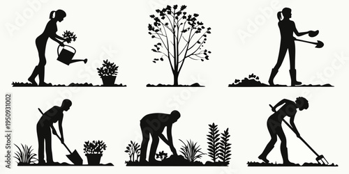 Silhouettes of people gardening including watering digging and planting