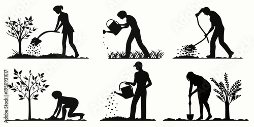 Silhouettes of people gardening and nurturing plant growth outdoors