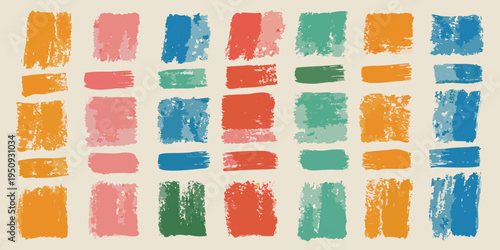 Abstract arrangement of colorful rectangular brushstroke shapes on a white background