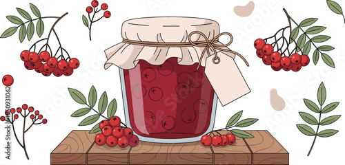 Homemade Rowan Berry Jam in Glass Jar with Red Berries Leaves and Rustic Wooden Table Natural Organic Food Vector Illustration