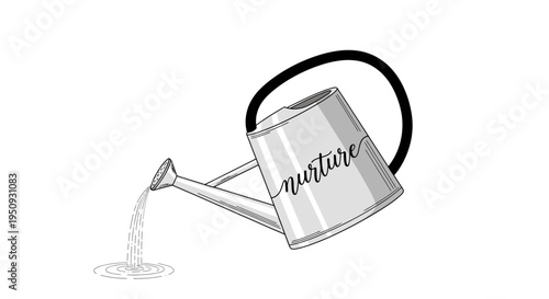 Watering Can Pouring Water with "Nurture" Text - Growth and Care Concept