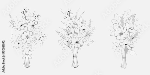 Elegant floral bouquets arranged in a simple black and white sketch style