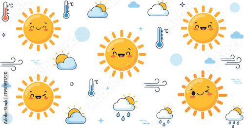 Cute Sun Weather Cartoon Character Set with Clouds Thermometer Wind Rain and Climate Forecast Elements Vector Illustration Collection
