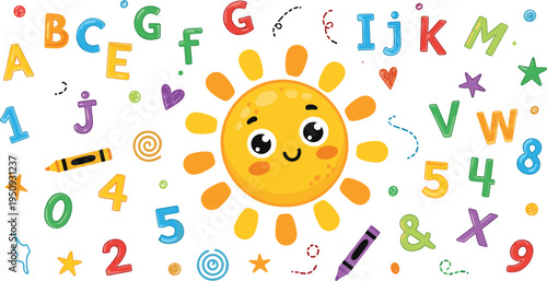 Cute Sun with Alphabet Letters and Numbers Cartoon Educational Set for Kids Learning ABC and Counting Vector Illustration
