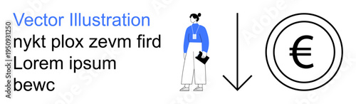 Economic challenges, financial downturn, business trends, currency depreciation, gender inclusivity, workplace documentation. Woman with clipboard near euro sign and downward arrow. Economic
