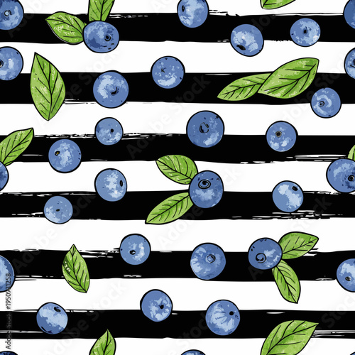 Seamless pattern with blueberries leaves and bold black and white stripes