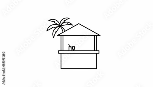 Tropical Beach Bar Icon with Palm Tree and Drink - Minimalist Line Art