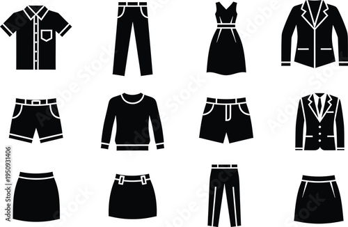 A collection of black and white clothing icons featuring shirts pants dresses and jackets