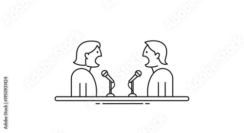 Two people debating at microphones, political debate, election, discussion, communication icon