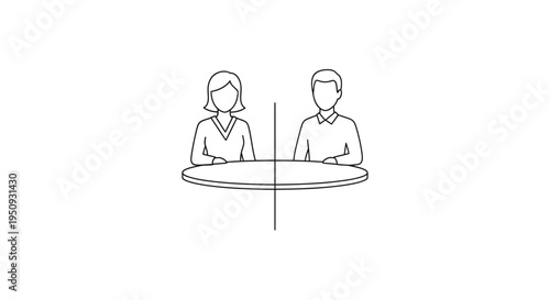 Two people sitting at a round table divided by a line, social distancing concept