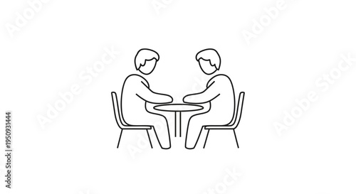 Two people sitting at a table, discussing business or ideas, line art icon