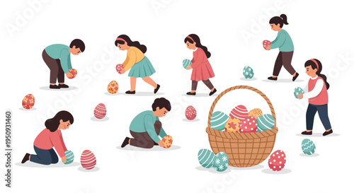 Set of 6 Easter kids collecting eggs vector