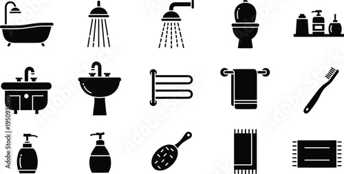A collection of black bathroom icons including bathtub shower toilet sink towel and toothbrush.