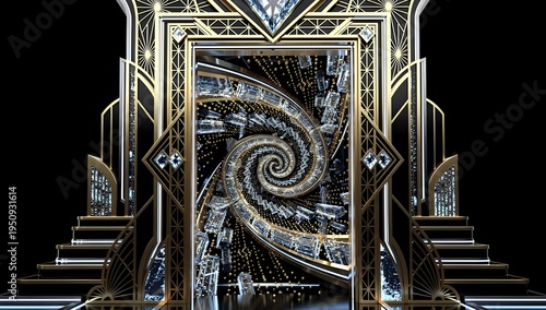 Luxury Art Deco Portal with Floating Sapphire Crystals and Golden Clockwork Spiral - Sacred Geometry Design