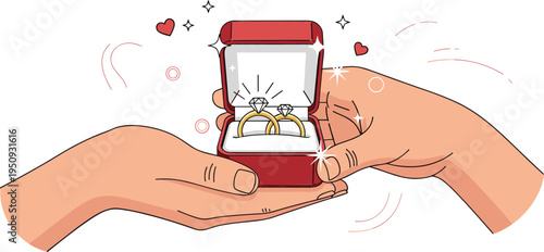 Marriage Proposal Concept with Hands Holding Engagement Ring Box Romantic Wedding Love Commitment Vector Illustration