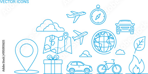 Travel tourism outline icon set with airplane map compass globe bicycle car location gift and eco transport symbols