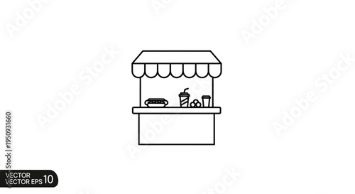 Street Food Stall Icon: Hot Dog and Drinks, Simple Line Art for Commerce and Gastronomy