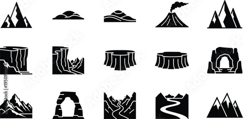 Set of black and white icons representing various geographic landforms and natural terrain features