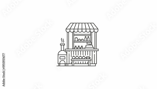 Street Food Stall with Pizza Oven and Fresh Produce, Outline Icon