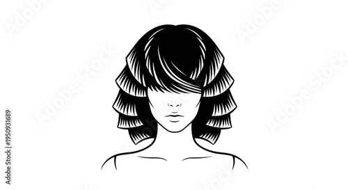 Stylized Black and White Illustration of a Woman's Hairstyle with Layered Bangs