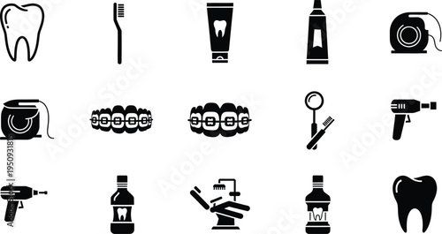 A comprehensive set of black dental icons featuring teeth, toothbrushes, and medical tools