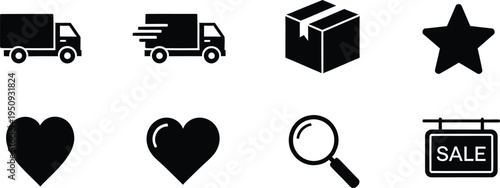 Collection of black e-commerce icons for delivery, shipping, favorites, search, and sales promotions.