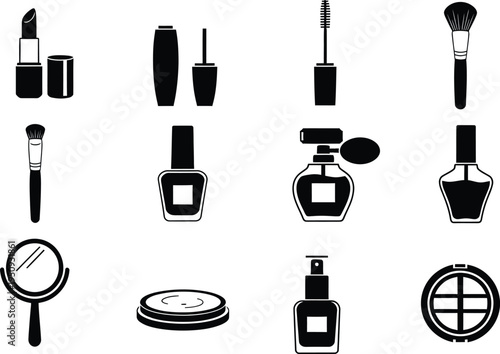 Collection of black and white makeup and beauty product icons on a white background