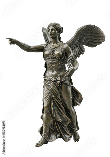 majestic aged bronze statue of winged victory (nike) holding a laurel wreath, detailed classical drapery, 3/4 view isolated on a transparent background with copy space, concept of glory and triumph