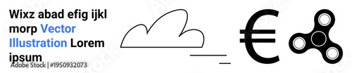 Finance, weather, abstract design, global economy, recreation, minimalism. Black and white cloud, Euro sign spinner icon random text arrangement. Finance and weather concept