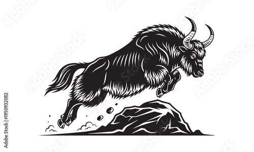 Yak with horns silhouette, Yak with large horns fight vector, Yak standing on mountain silhouette, Yak with rider vector design, Yak on snowy hill silhouette