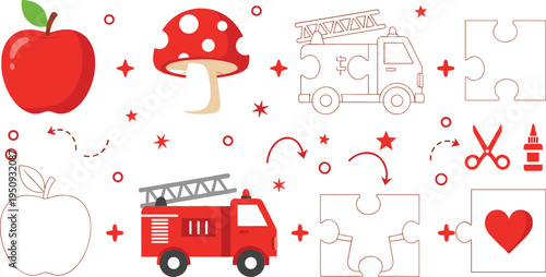 Kids Educational Puzzle Worksheet with Apple Mushroom Fire Truck and Heart Cut and Paste Activity for Preschool Learning Vector Illustration