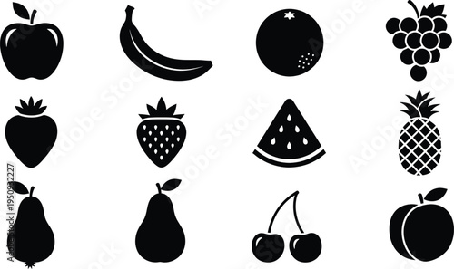 Collection of twelve black silhouette fruit icons including apple banana strawberry and grape