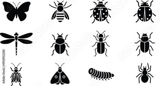 Collection of various insect silhouettes including butterfly bee dragonfly and spider