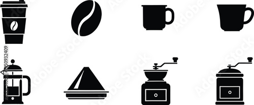 Collection of black and white coffee icons including mugs, beans, and brewing equipment