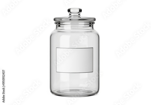 Empty clear glass apothecary jar with a blank white label and a lid, isolated on a white background in a studio light, perfect for storage and creative content.