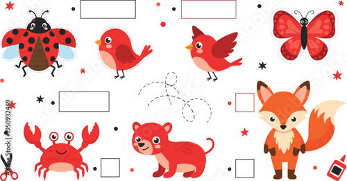 Kids Educational Cut and Paste Worksheet with Animals Insects and Birds for Preschool Learning Activity Vector Illustration