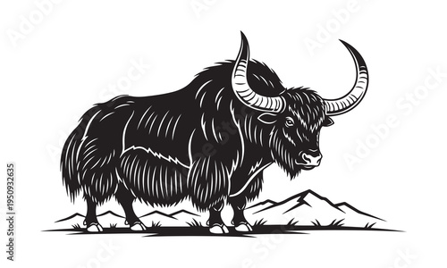 Yak with horns silhouette, Yak with large horns fight vector, Yak standing on mountain silhouette, Yak with rider vector design, Yak on snowy hill silhouette