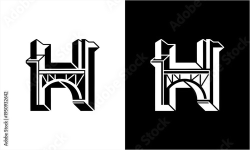 Stylized letter H logo design with bridge motif in black and white.