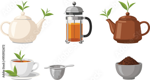 Tea brewing set with teapots french press cup strainer and loose tea leaves vector illustration collection