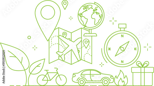 Sustainable travel and eco tourism outline illustration with map airplane bicycle car leaf globe gift navigation concept