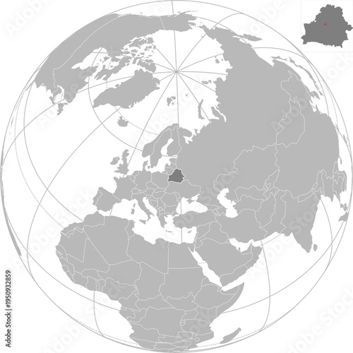 World vector map with country boundaries and graticules (Belarus-centered view, orthographic projection, PPT-compatible & fully editable)
