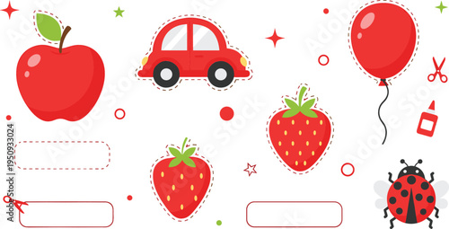 Kids Sticker Set with Apple Strawberry Car Balloon Ladybug and Cute School Craft Elements for Children Scrapbook Vector Illustration