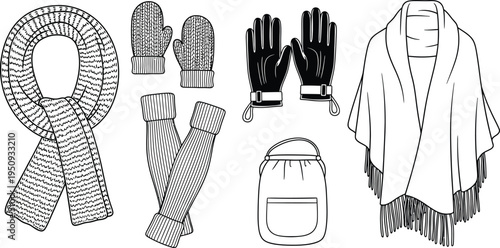 Set of essential winter clothing accessories featuring a scarf gloves mittens and shawl in a clean outline vector illustration style ideal for fashion design and seasonal concepts