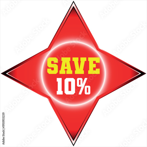 Red starburst with yellow SAVE and Discount batch white 10 percent text sale discount